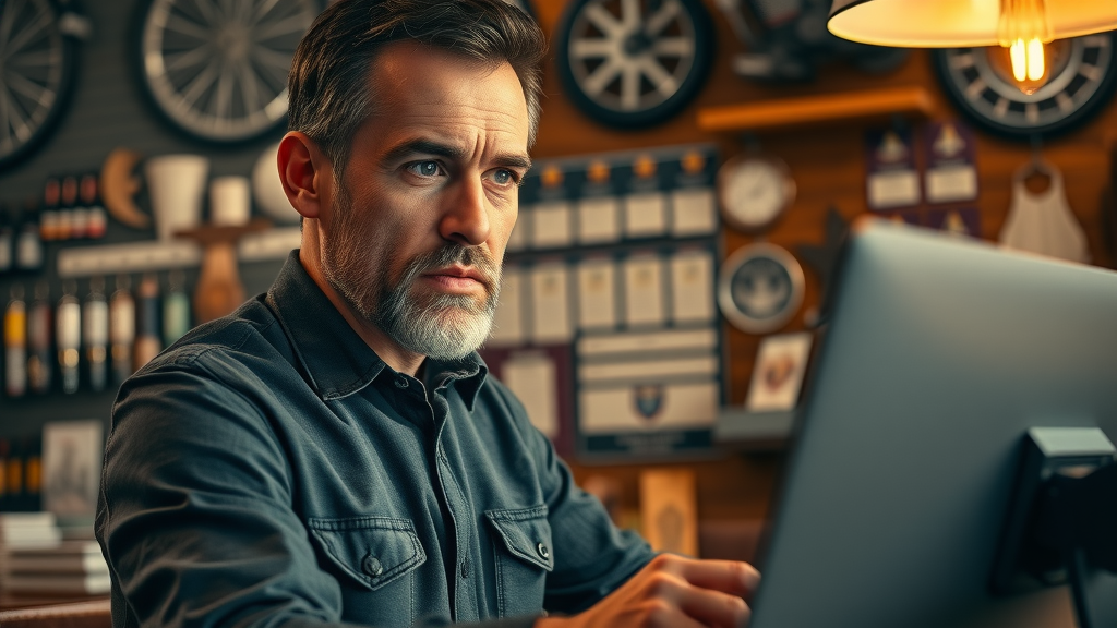 Determined business owner overseeing digital loyalty program for rider-friendly brand strategies.