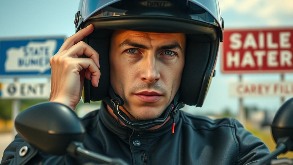 composed motorcyclist putting on safety helmet near state border with different helmet laws - Helmet Law Motorcycle Rider