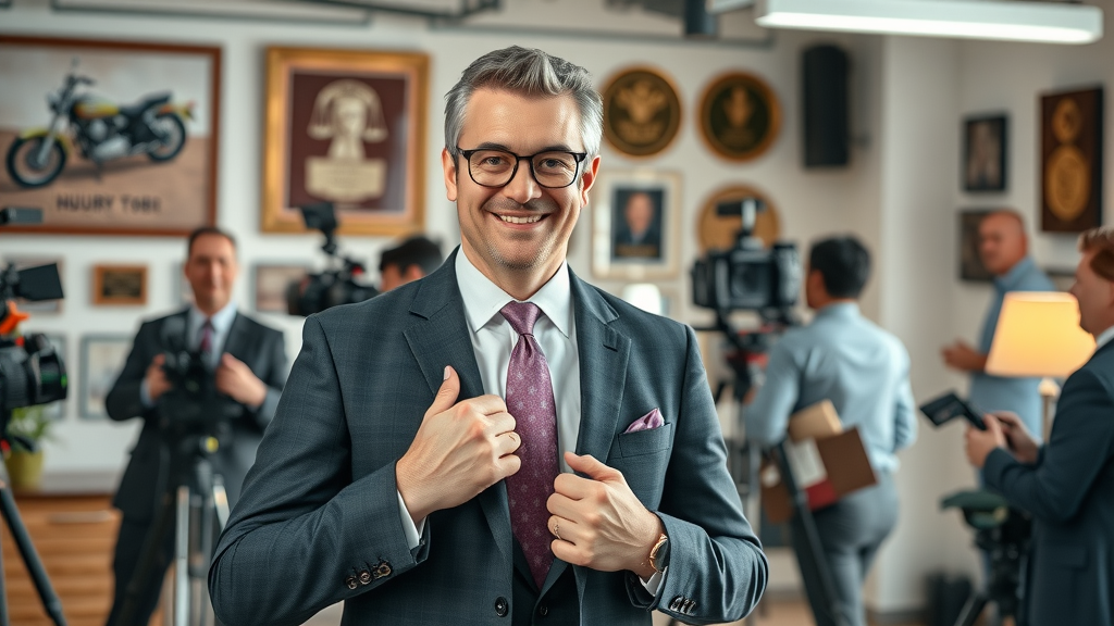 motorcycle lawyer advertising tips - lawyer on set for personal injury law video testimonial filming