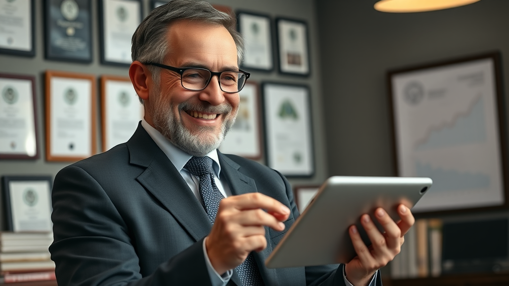 lawyer reviewing law firm growth statistics on tablet achieved by online lead generation, awards in legal office