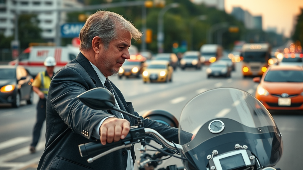 Compassionate lawyer assisting injured motorcyclist during accident law case discussion for motorcycle lawyer video marketing