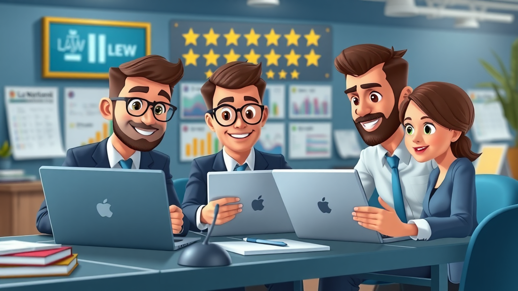 Engaged legal marketing team, law firm working on laptops, collaborating, digital online reviews, law firm reputation management, social media strategy