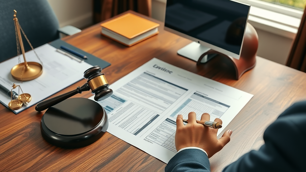 Attorney drafting compliant advertising strategy for motorcycle accident law, with legal files and helmet.