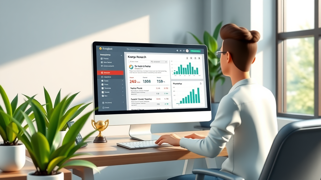 keyword research tool for lawyers open on desktop with digital dashboard and plants