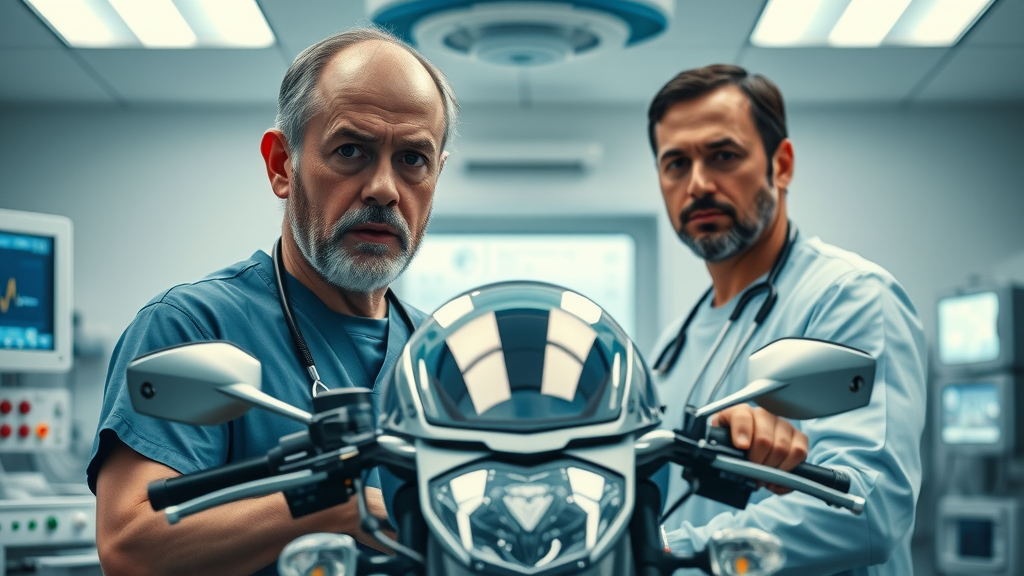 medical staff treating motorcyclist with and without a helmet, illustrating helmet law impact
