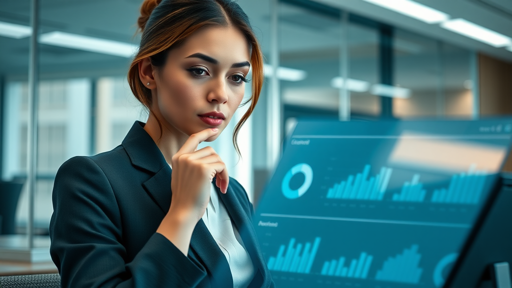 Female legal marketing professional applying event marketing best practices by analyzing demographics on data dashboard, law office