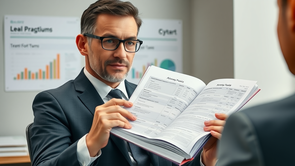 Motorcycle accident lawyer explains fee structure and cost charts to client in law office