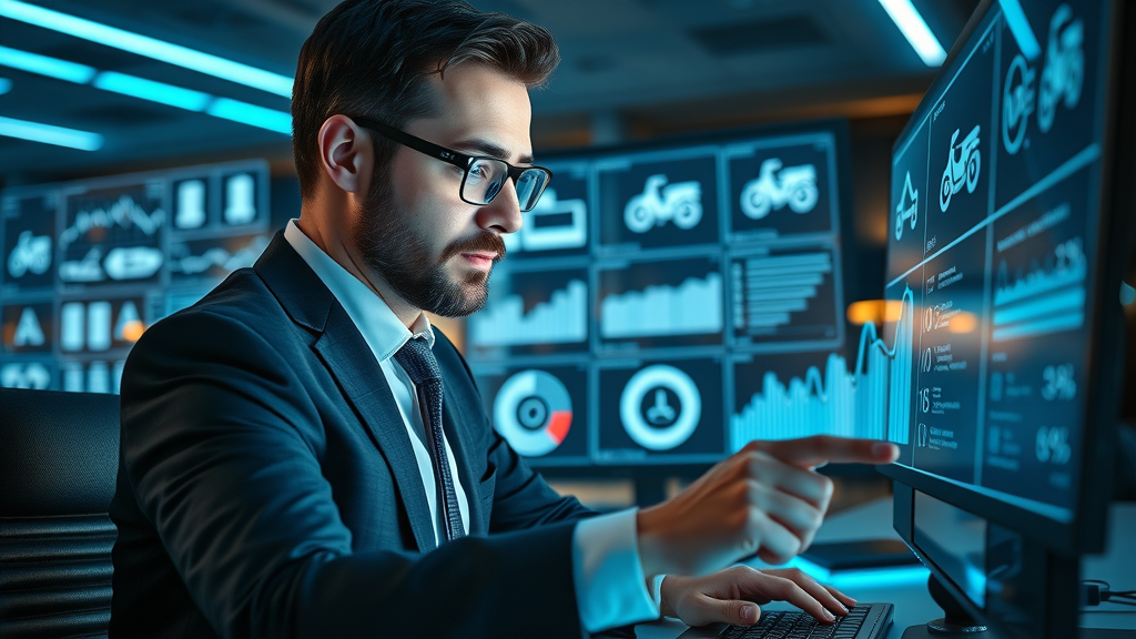 legal marketing professional using advanced analytics dashboard with graphs and motorcycle icons in tech-enhanced office