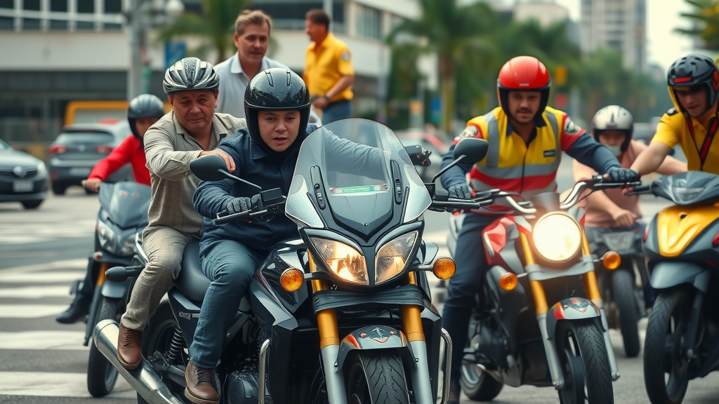 dynamic motorcycle accident scene, concerned riders, emergency responders assisting, urban intersection - motorcycle law marketing