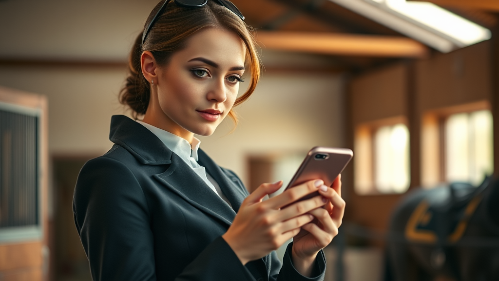 Professional female rider updating her social media profile in an elegant stable, representing the digital persona of equestrian athletes on social media