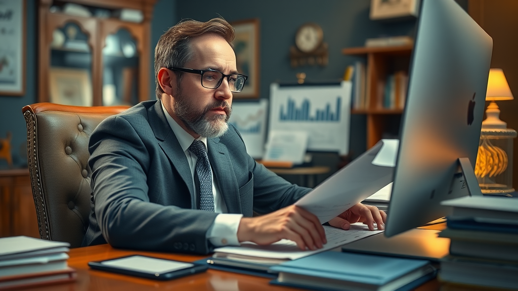 personal injury lawyer reviewing SEO and keyword research reports at desk