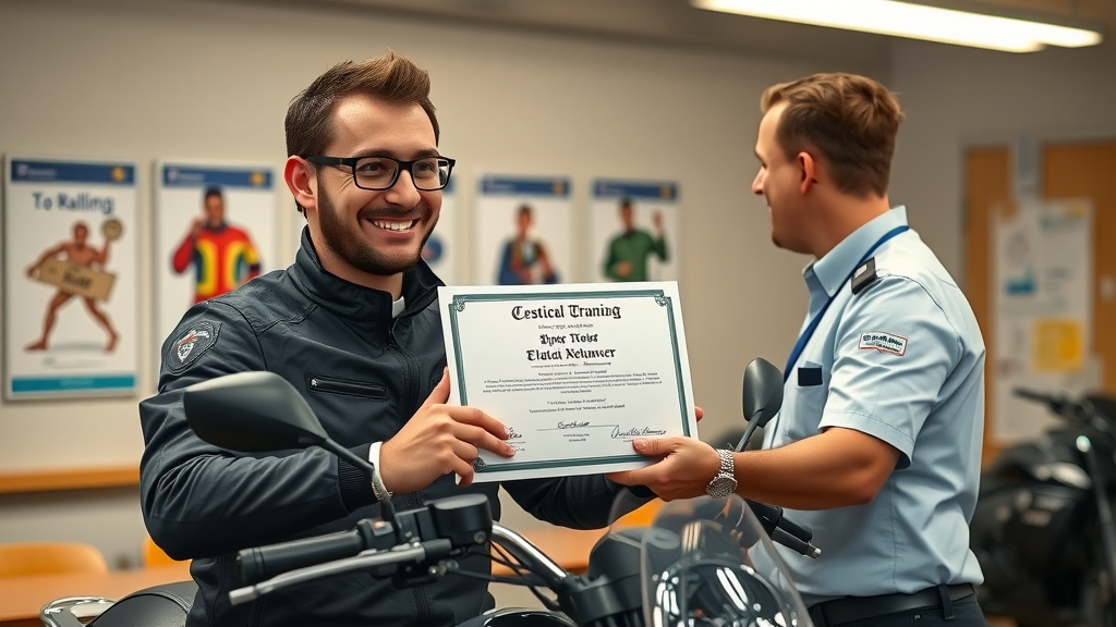 new motorcycle rider receiving safety course certificate in classroom setting, motorcycle safety courses graduate moment, high-fidelity image