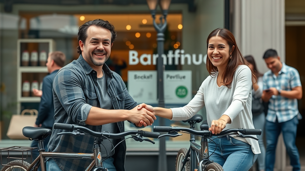 friendly local business owner and influencer shaking hands beside bicycles, boutique storefront background with subtle branding, natural soft lighting