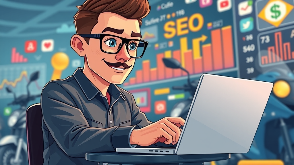 Modern digital marketer, analyzing SEO trends for content marketing motorcycle law