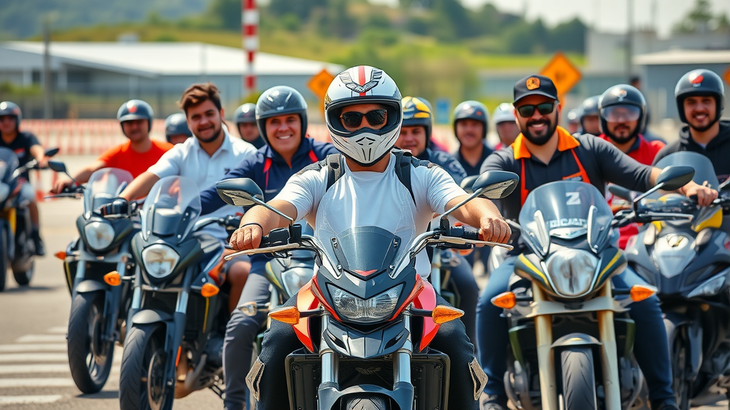 motorcycle safety, group of riders participating in safety training, helmets and gear, accident prevention on closed course