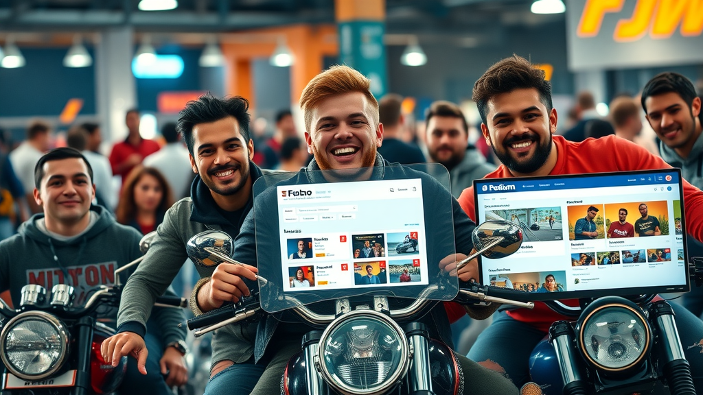 brand community - online and offline motorcycle riders engaging at event and forum, energetic community members, modern digital and physical interaction