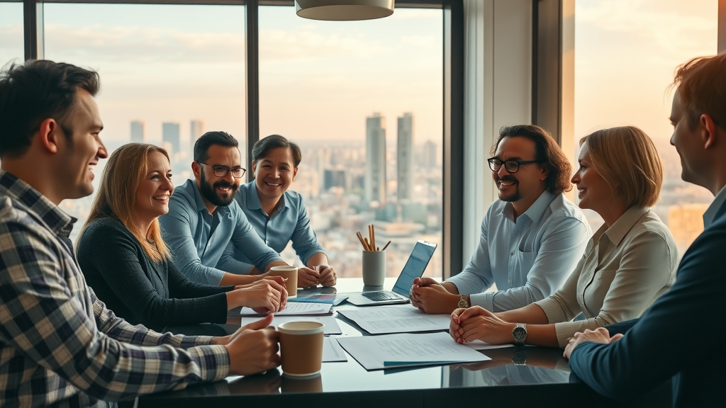 motivated leadership team, optimistic, discussing future plans with positive energy, Cinematic, office with window overlooking cityscape in early morning, highly detailed, team gathered around a table with documents and coffee, soft warm lighting, shot with a 24mm lens.
