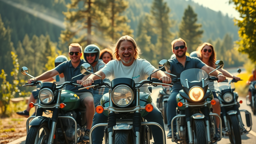 Energetic group of happy motorcyclists riding through scenic mountain road embodying rider-friendly brand strategies.