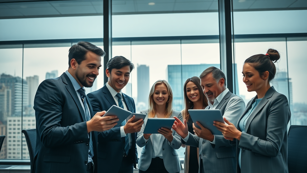 law firm team reviewing online feedback together in conference room with cityscape window, digital devices out, collaboration, modern legal office
