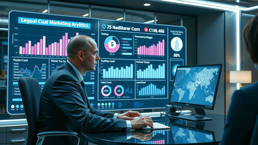 attorney monitoring social media analytics for law firms on futuristic dashboard