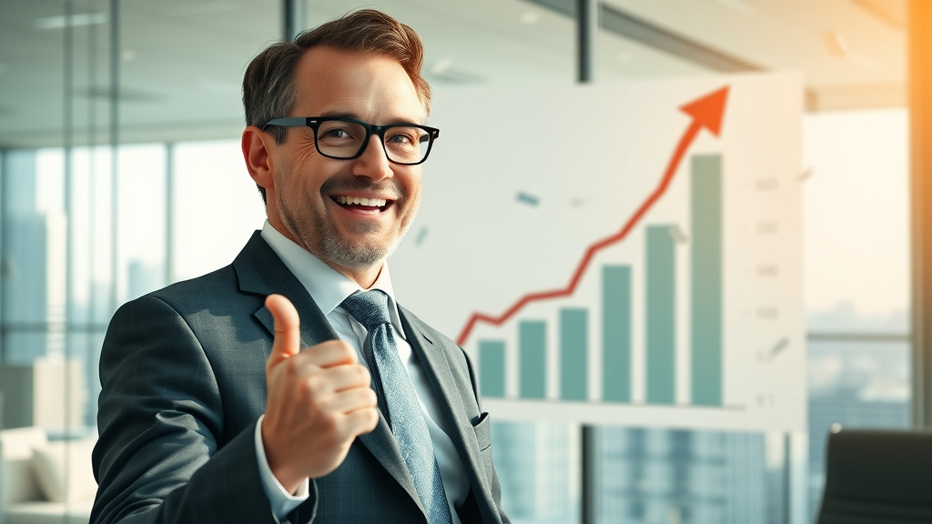 Optimistic motorcycle injury lawyer gestures to rising client numbers and charts in a bright law firm conference room