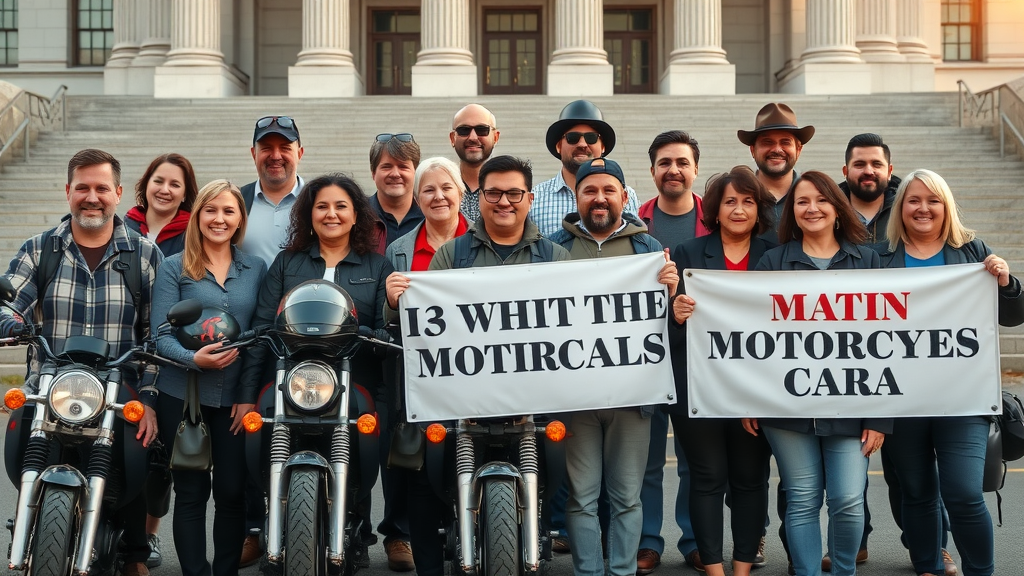 diverse group of motorcyclists and advocates holding helmets and banners