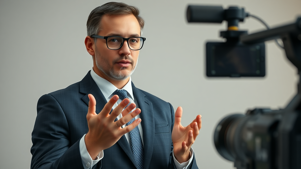 Modern lawyer confidently presenting motorcycle lawyer video marketing key points