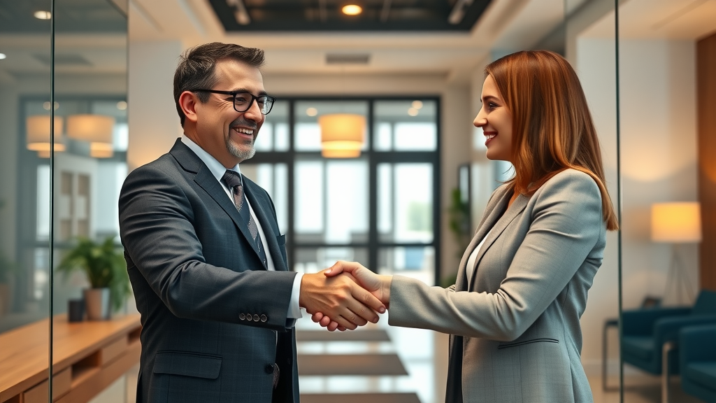 new client shaking hands with attorney, onboarding legal office, client engagement journey for law firms, welcoming decor, positive experience