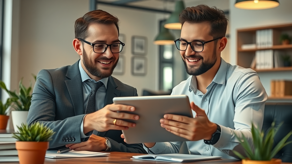 Motorcycle injury lawyer and copywriter collaborating on Google Ad copy in a law office