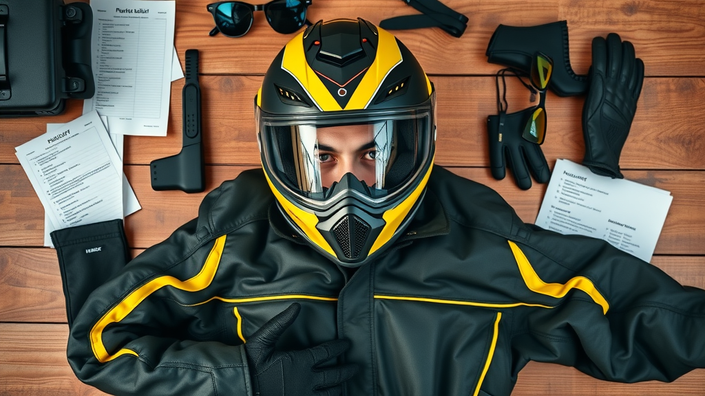 Motorcycle helmet legal compliance—gear flat lay with checklists and jacket.