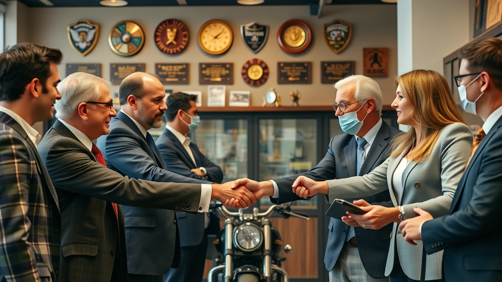 Motorcycle accident attorneys shake hands with motorcyclist clients in law firm lobby among awards and memorabilia