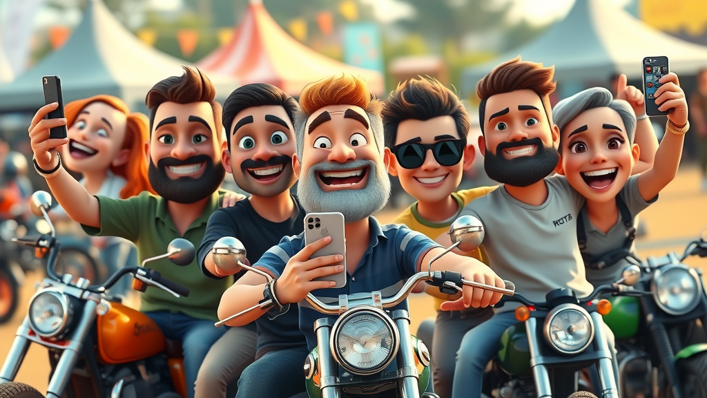 Diverse motorcycle riders group selfie at meetup, branding for motorcycle enthusiasts, community engagement, festival event, motorcycles, social media content generation