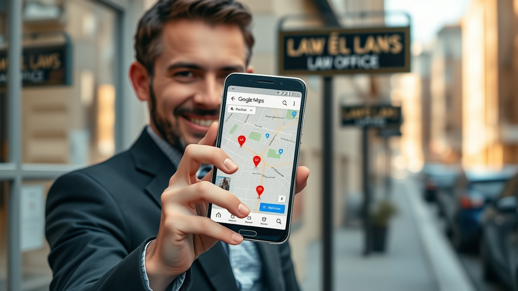 law firm ranking high in Google Maps search results, phone display, law office signage