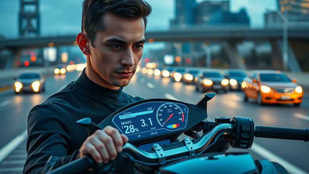 modern motorcycle dashboard with advanced digital smart safety technology, rider interacts with animated display, futuristic highway scene in background