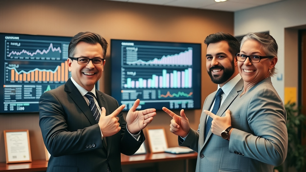 Successful law firm partners reviewing post-video SEO analytics and growth charts
