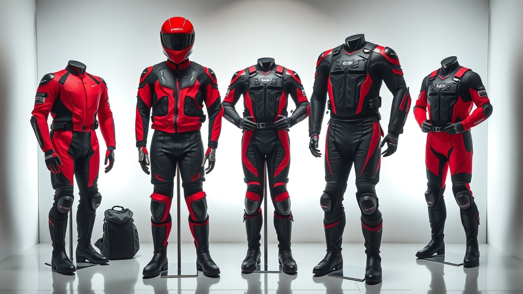 motorcycle safety gear, helmet, jacket, gloves, boots, pants and airbag vest displayed, accident prevention equipment