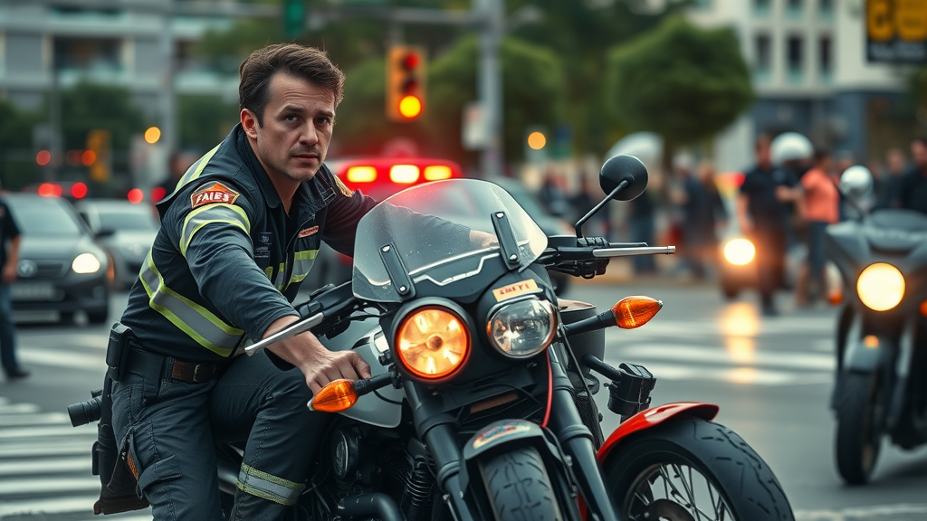 Motorcycle accident claims scene with paramedics assisting an injured rider at an urban intersection, photorealistic lifelike urgent moment