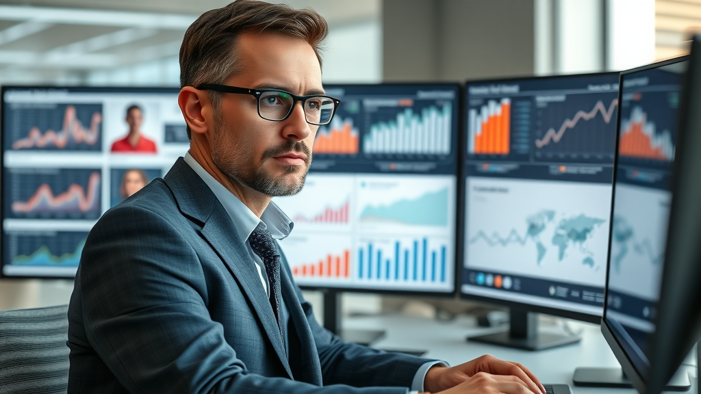 Professional monitoring video SEO for law firms analytics on multi-screen dashboard, with law firm branding