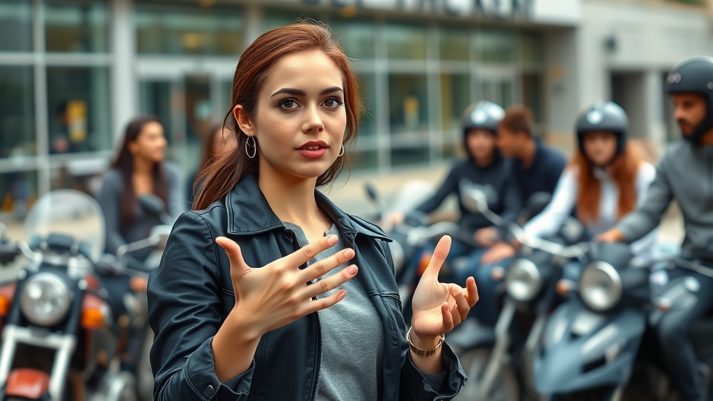 Thoughtful brand manager engaging with diverse group of riders to craft relatable messaging for rider-friendly brand strategies.