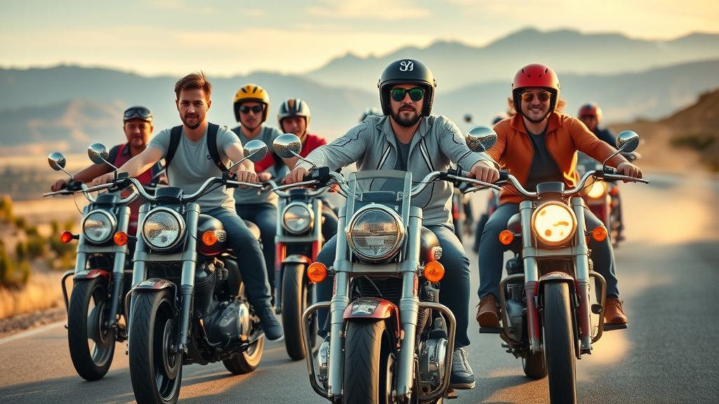 dynamic group of diverse motorcycle riders riding branded motorcycles on open road in the motorcycle industry