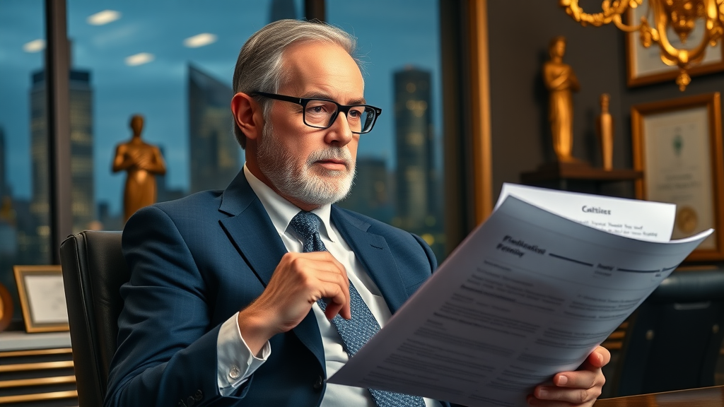 successful lawyer lead generation results, senior attorney in executive office reviewing financial and client reports