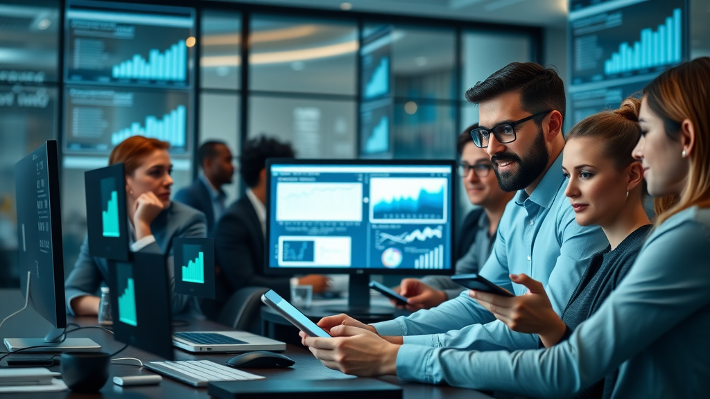 diverse law firm team setting up digital marketing campaign for online lead generation, multiple screens and digital marketing analytics