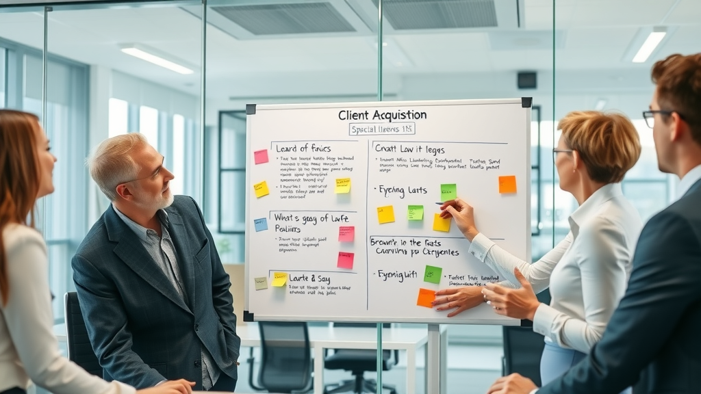 Law firm team reviewing client acquisition checklist and retention strategies on an office whiteboard
