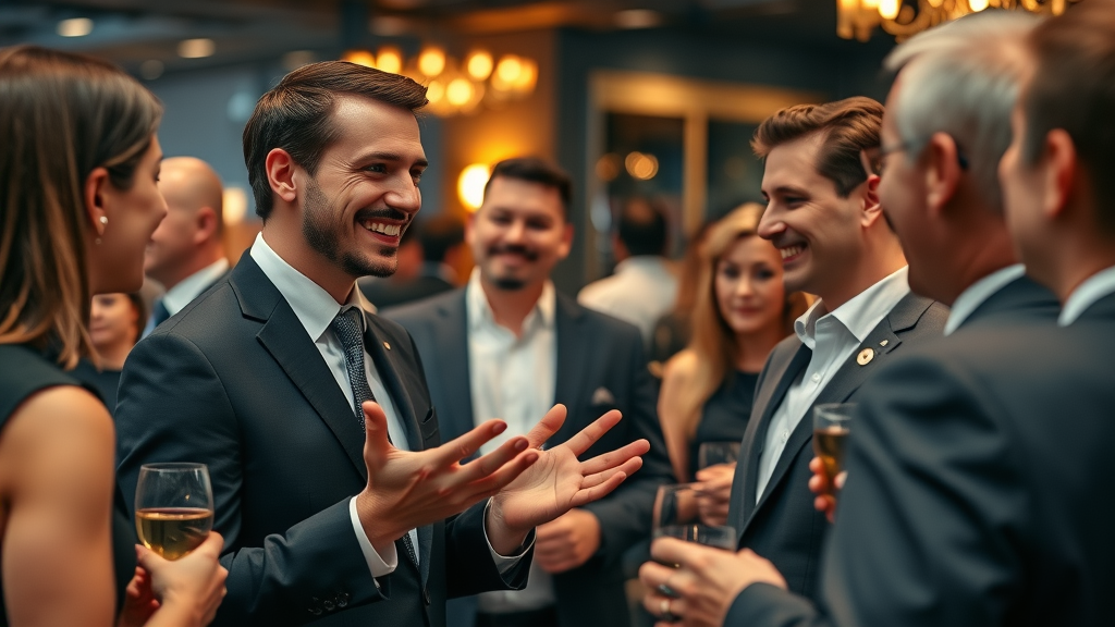 engaging lawyer speaking with clients at law firm social event, building trust with event marketing for lawyers