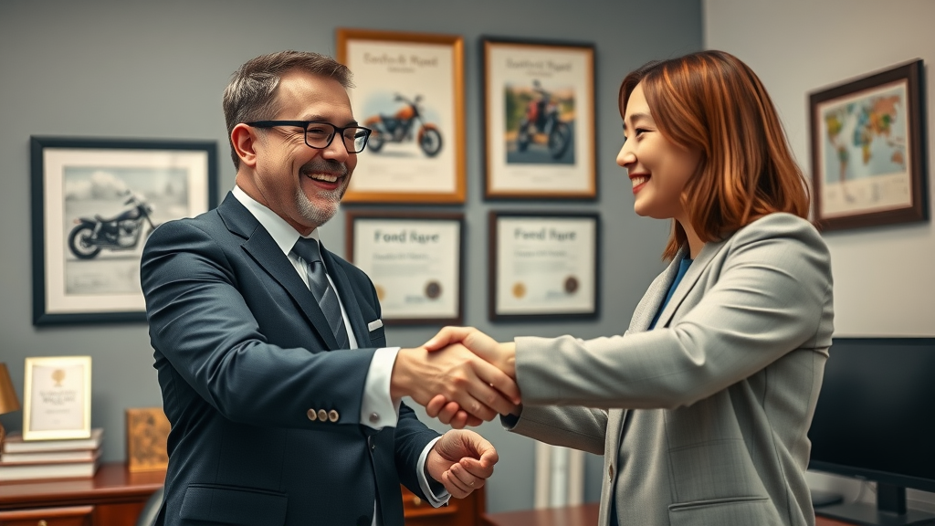 Grateful motorcycle accident client shaking hands with lawyer after successful accident case outcome in law office