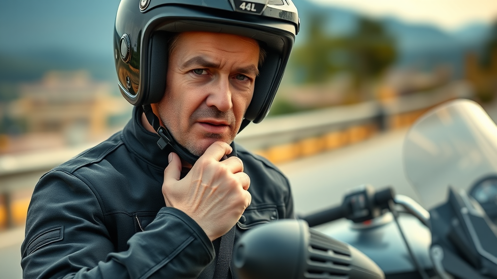 Experienced motorcycle rider ensuring proper helmet fit for compliance with motorcycle traffic laws