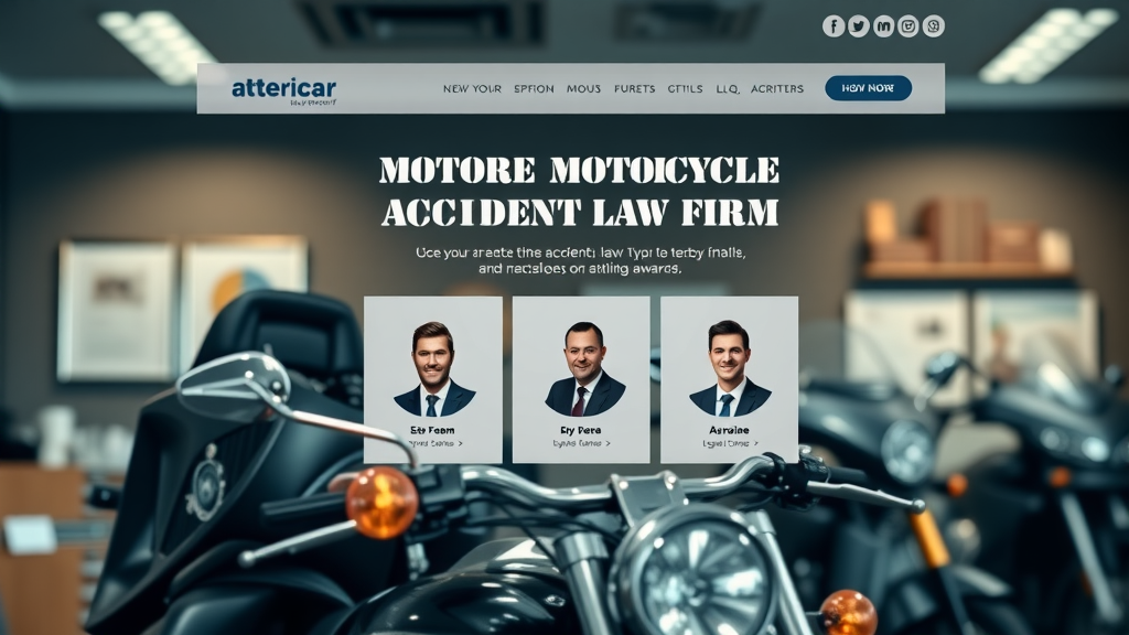 Sleek motorcycle accident law firm website design highlighting attorney profiles and awards