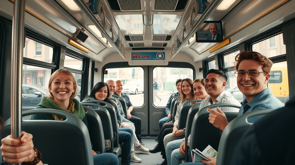 Welcoming public transit scene with smiling riders enjoying comfortable and modern bus interiors, customer experience for riders, urban cityscape visible through windows
