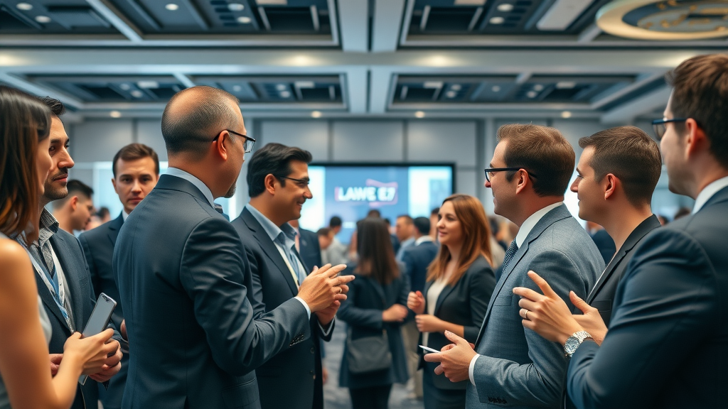 legal industry event promotion in a dynamic professional conference room filled with legal professionals networking and discussing strategies