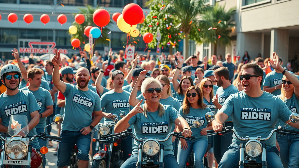 vibrant scene of a rider appreciation day, excited crowd with branded t-shirts and bikes, people enjoying refreshments, urban plaza, lively colors, balloons and confetti, bright daylight
